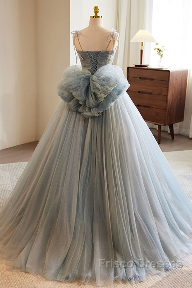 Unique And Beautiful Gray Sticker Sleeveless Off The Shoulder Ball Dress, Gray A-Line Princess Sheer Thin Shoulder Strap, Backless Tie Bow And Ground Length Formal Prom Dress