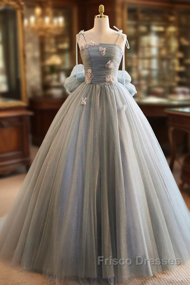 Unique And Beautiful Gray Sticker Sleeveless Off The Shoulder Ball Dress, Gray A-Line Princess Sheer Thin Shoulder Strap, Backless Tie Bow And Ground Length Formal Prom Dress Main image