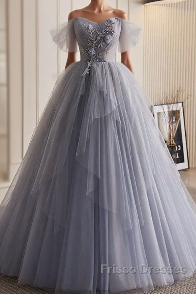 Unique And Beautiful Silver Gray Beaded Pearl Sequins Off The Shoulder Sleeveless Decal Pleated Ball Dress Silver Gray A-Shaped Thin Gauze Pong Truffle Back Strap And Ground Length Formal Prom Dress Main image