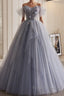 Unique And Beautiful Silver Gray Beaded Pearl Sequins Off The Shoulder Sleeveless Decal Pleated Ball Dress Silver Gray A-Shaped Thin Gauze Pong Truffle Back Strap And Ground Length Formal Prom Dress