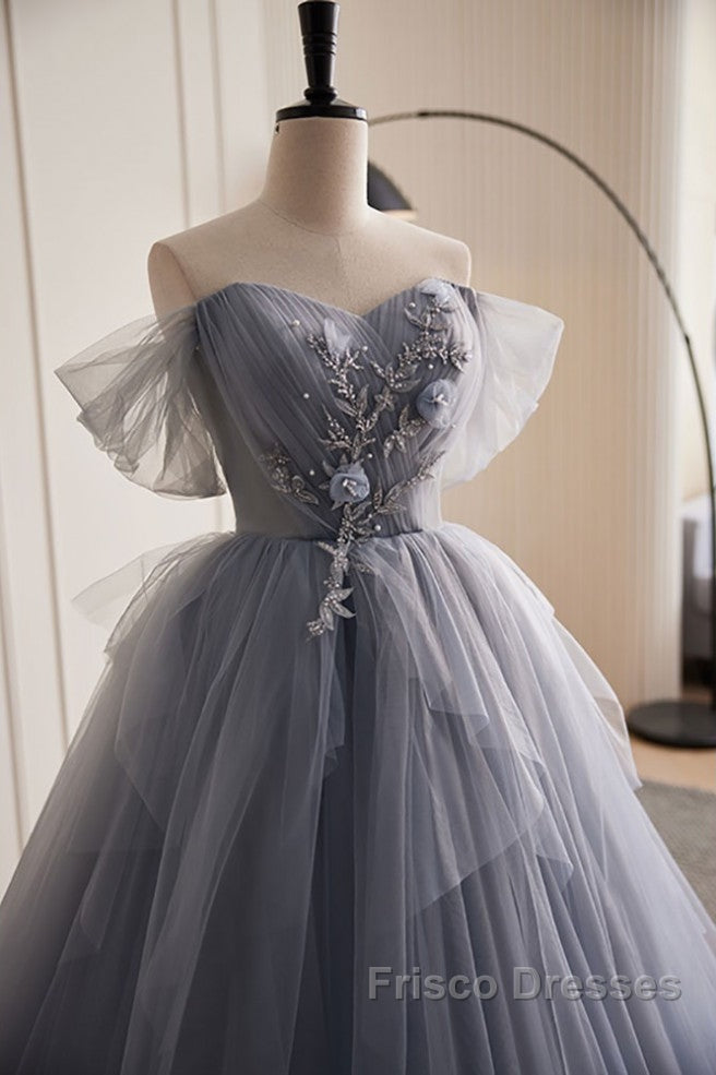 Unique And Beautiful Silver Gray Beaded Pearl Sequins Off The Shoulder Sleeveless Decal Pleated Ball Dress Silver Gray A-Shaped Thin Gauze Pong Truffle Back Strap And Ground Length Formal Prom Dress
