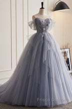 Unique And Beautiful Silver Gray Beaded Pearl Sequins Off The Shoulder Sleeveless Decal Pleated Ball Dress Silver Gray A-Shaped Thin Gauze Pong Truffle Back Strap And Ground Length Formal Prom Dress