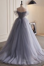 Unique And Beautiful Silver Gray Beaded Pearl Sequins Off The Shoulder Sleeveless Decal Pleated Ball Dress Silver Gray A-Shaped Thin Gauze Pong Truffle Back Strap And Ground Length Formal Prom Dress