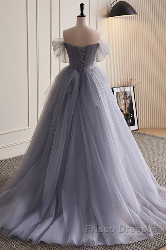 Unique And Beautiful Silver Gray Beaded Pearl Sequins Off The Shoulder Sleeveless Decal Pleated Ball Dress Silver Gray A-Shaped Thin Gauze Pong Truffle Back Strap And Ground Length Formal Prom Dress