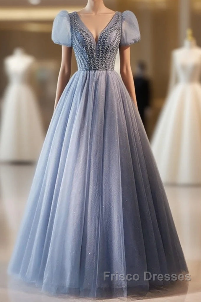 Unique And Beautiful Sky Blue Beaded Rhinestone Fluffy Short Sleeved Ball Dress With Sky Blue A-Shaped Princess V-Neck Backless Strap And Ground Length Evening Dress