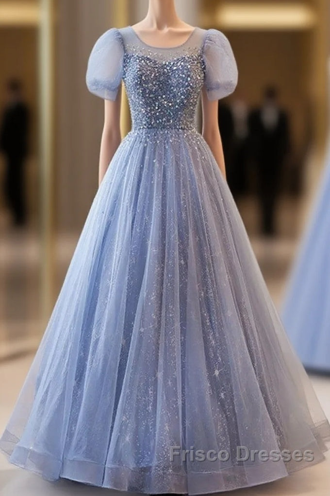 Unique And Beautiful Sky Blue Low Round Neck Short Sleeved Beaded Sequin Ball Dress With Sky Blue A-Line/Princess Backless Strap And Ground Length Evening Dress Main image