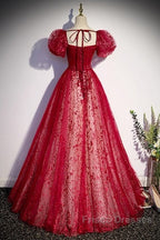 Unique And Beautiful Wine Red Sequin Square Neckline Short Sleeved Ball Dress Wine Red A-Shaped/Princess Fluffy Backless Tie Bow And Floor Length Evening Dress