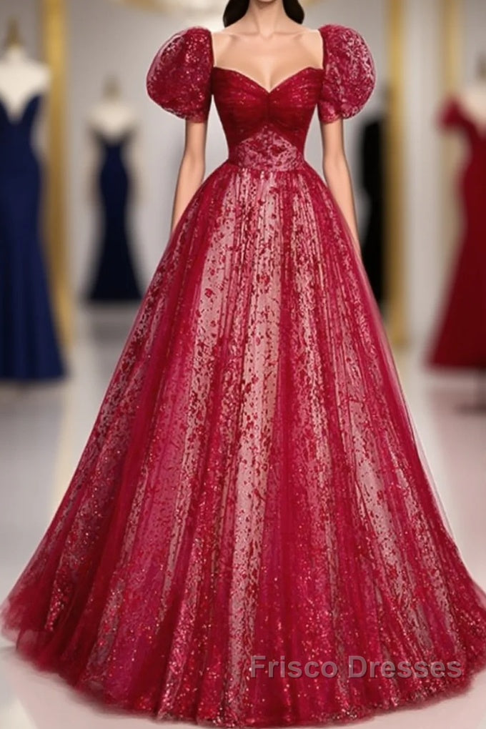 Unique And Beautiful Wine Red Sequin Square Neckline Short Sleeved Ball Dress Wine Red A-Shaped/Princess Fluffy Backless Tie Bow And Floor Length Evening Dress Main image