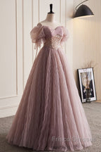 Unique And Elegant Dark Pink Sequin Off The Shoulder Short Sleeved Ball Dress Dark Pink A-Line Princess Glitter Beaded Backless And Ground Length Formal Prom Dress