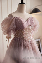 Unique And Elegant Dark Pink Sequin Off The Shoulder Short Sleeved Ball Dress Dark Pink A-Line Princess Glitter Beaded Backless And Ground Length Formal Prom Dress