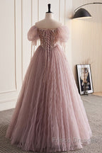 Unique And Elegant Dark Pink Sequin Off The Shoulder Short Sleeved Ball Dress Dark Pink A-Line Princess Glitter Beaded Backless And Ground Length Formal Prom Dress