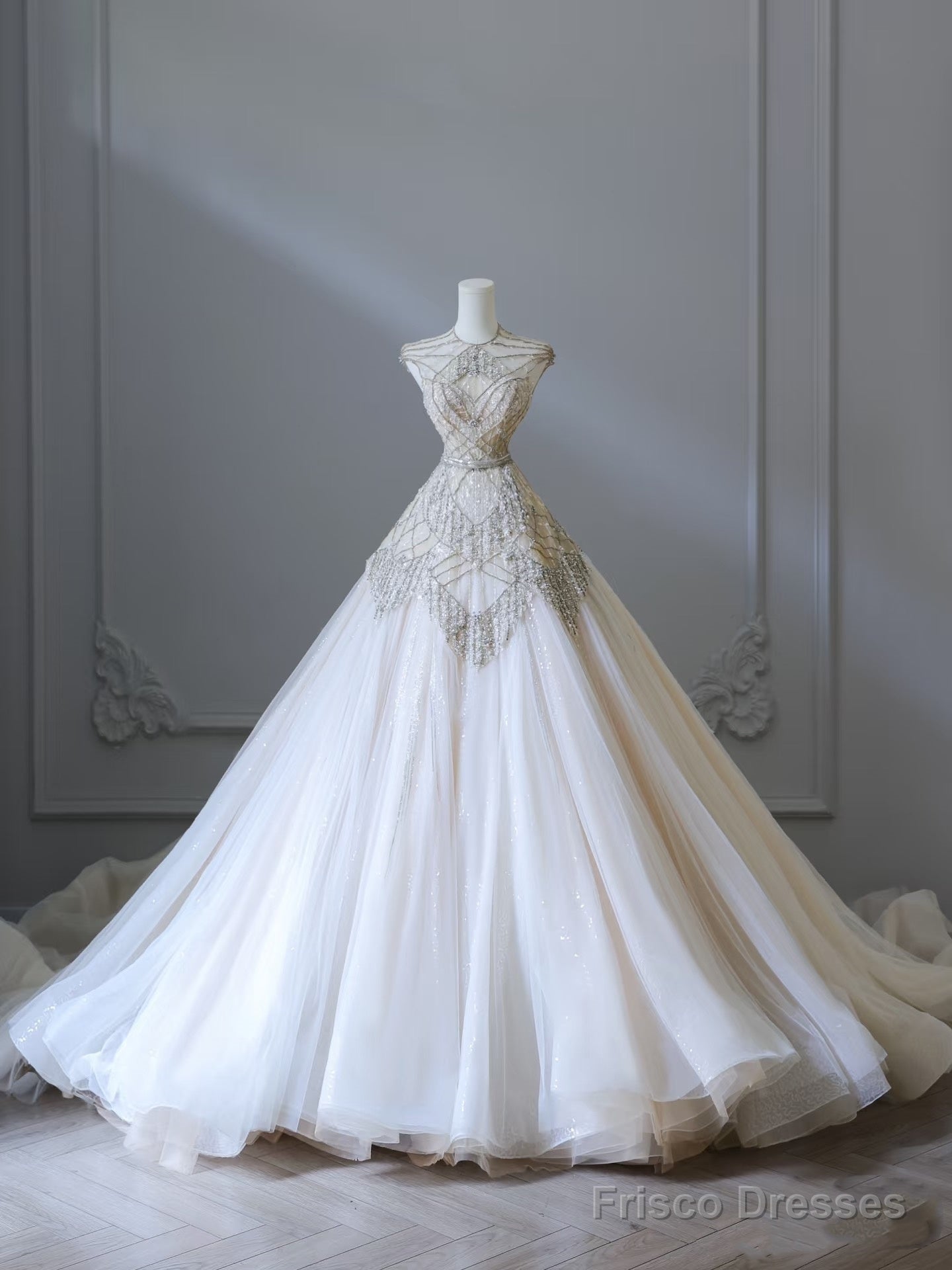 Unique Ball Gown High Neckline Tulle White Long Wedding Dresses Brides Dress Main image