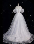 Unique Ball Gown Off The Shoulder Sequin Short Sleeves White Wedding Dress Brides Dress