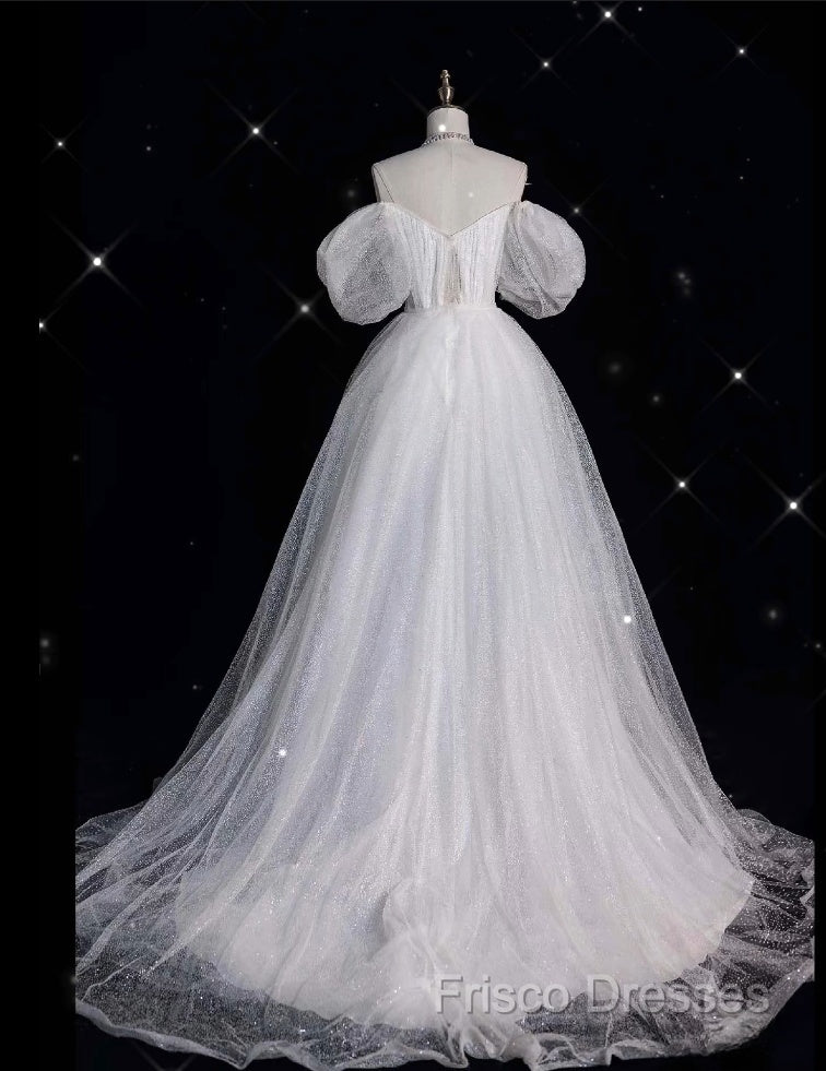 Unique Ball Gown Off The Shoulder Sequin Short Sleeves White Wedding Dress Brides Dress