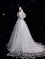 Unique Ball Gown Off The Shoulder Sequin Short Sleeves White Wedding Dress Brides Dress