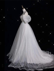 Unique Ball Gown Off The Shoulder Sequin Short Sleeves White Wedding Dresses Brides Dress