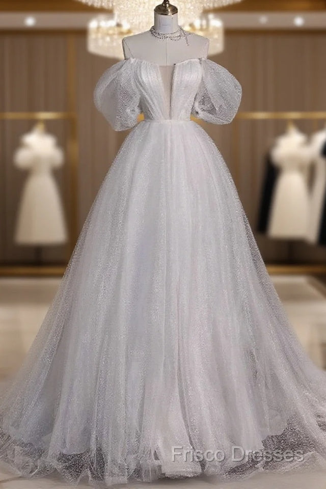 Unique Ball Gown Off The Shoulder Sequin Short Sleeves White Wedding Dress Brides Dress Main image