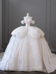 Unique Ball Gown Off The Shoulder Tulle White Long Wedding Dresses Brides Dress