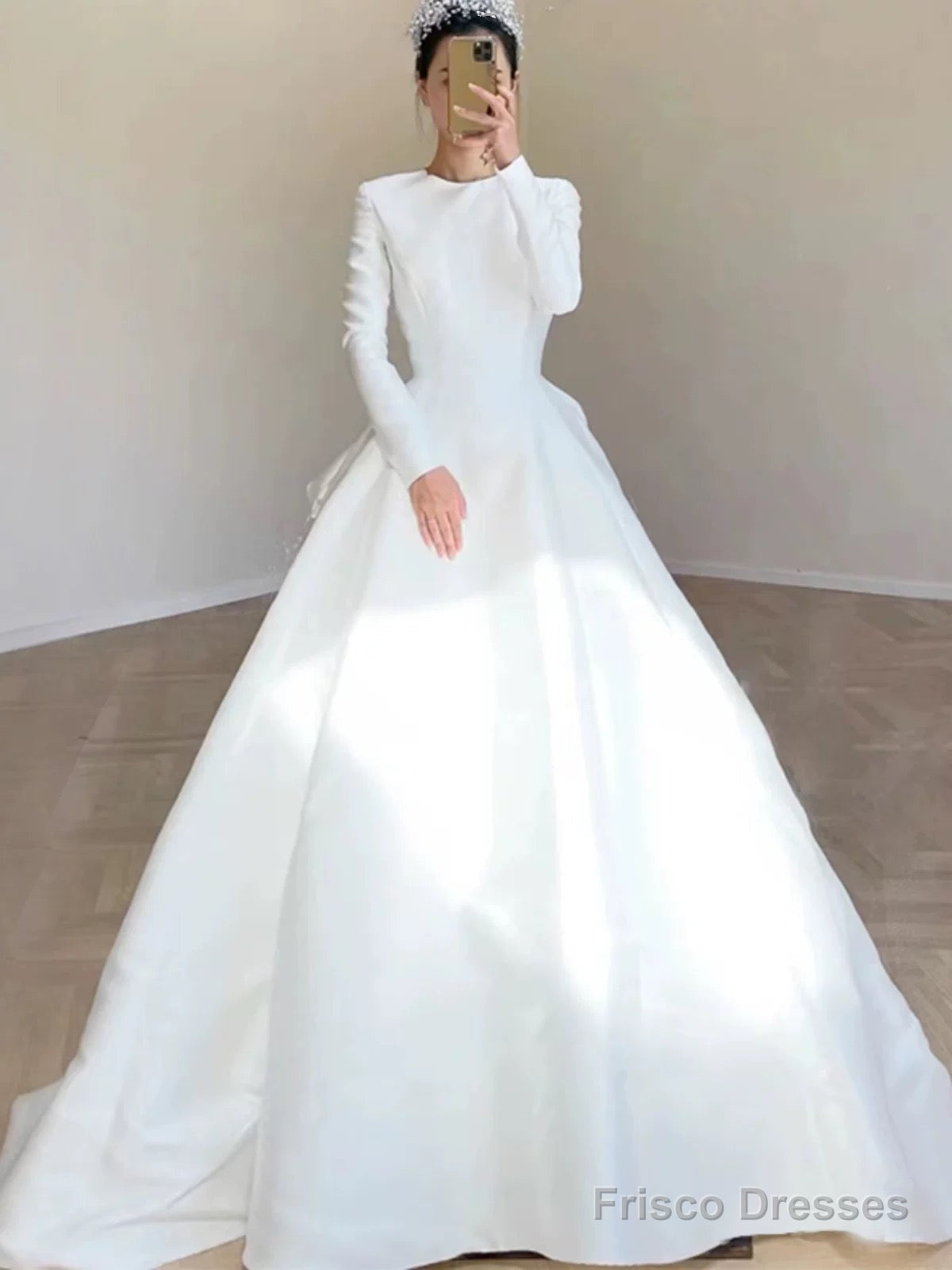 Unique Ball Gown Scoop Neckline Long Sleeves White Satin Wedding Dresses Main image