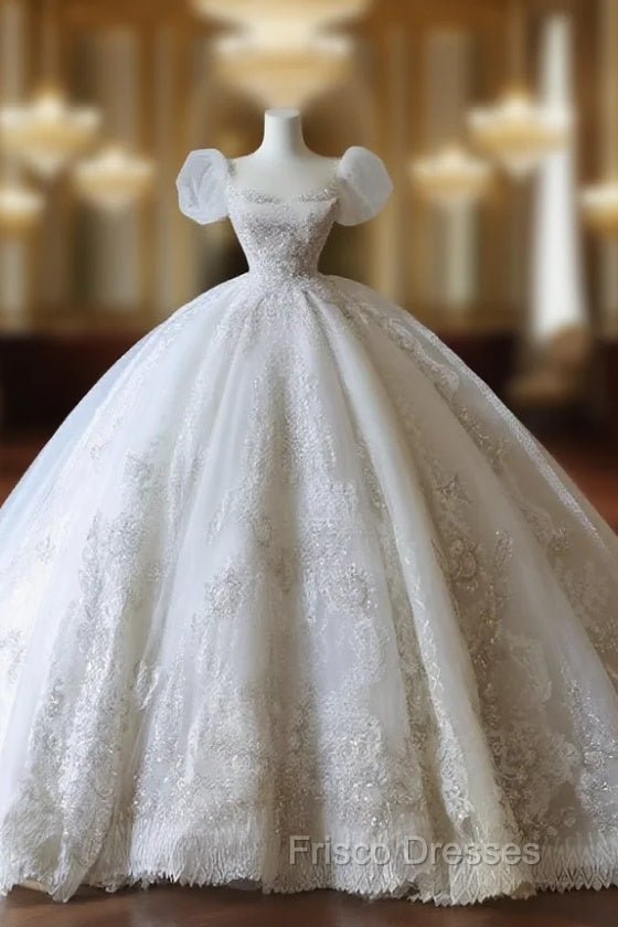 Unique Ball Gown Square Neckline Sequin Short Sleeves Wedding Dress Brides Dress Main image
