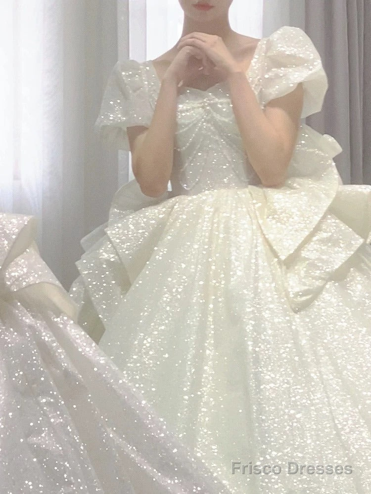 Unique Ball Gown Square Neckline Short Sleeves Sequin White Wedding Dresses Brides Dress Secondary image