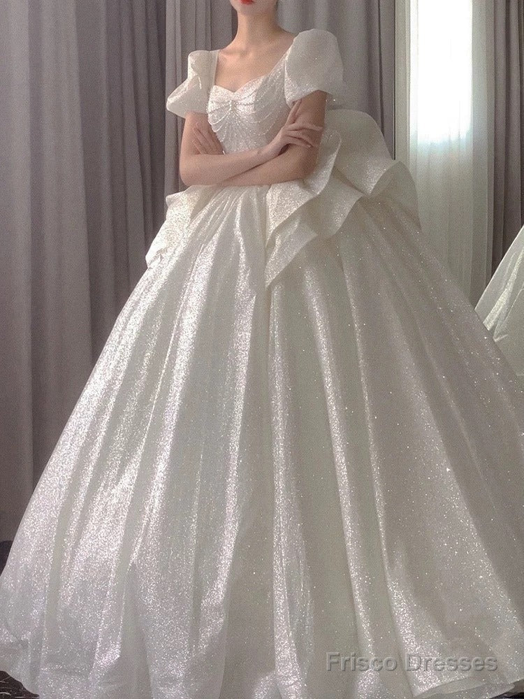 Unique Ball Gown Square Neckline Short Sleeves Sequin White Wedding Dresses Brides Dress Main image