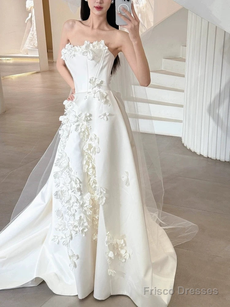 Unique Ball Gown Strapless Neckline Long White Satin Floral Wedding Dresses Main image