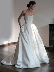 Unique Ball Gown Strapless Neckline Long White Satin Wedding Dresses