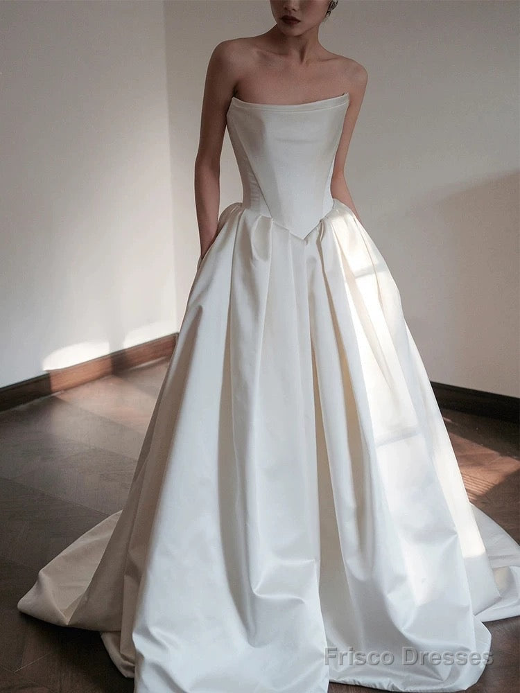 Unique Ball Gown Strapless Neckline Long White Satin Wedding Dresses Main image