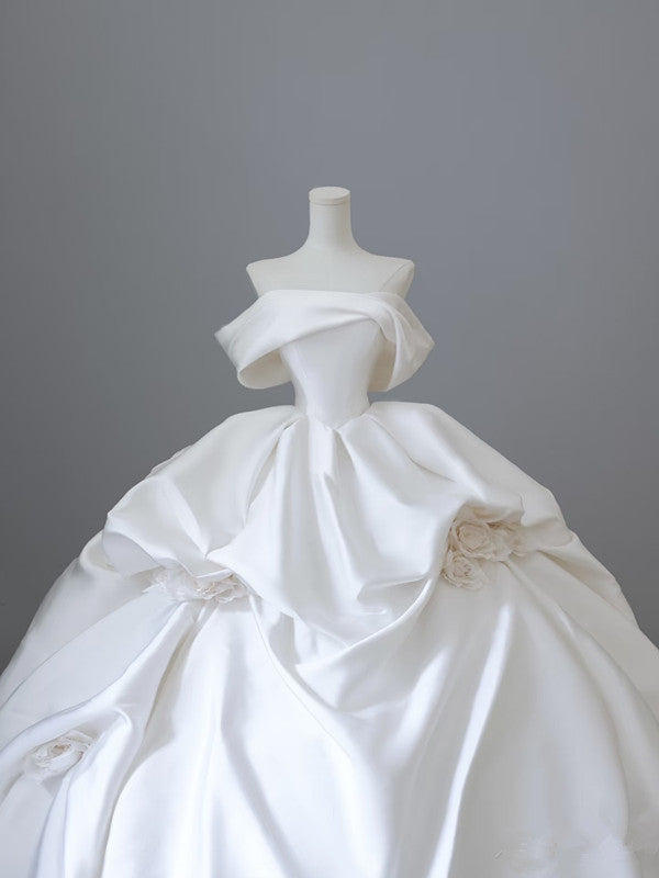 Unique Ball Gown Strapless Off The Shoulder Satin Long Wedding Dresses Brides Dress