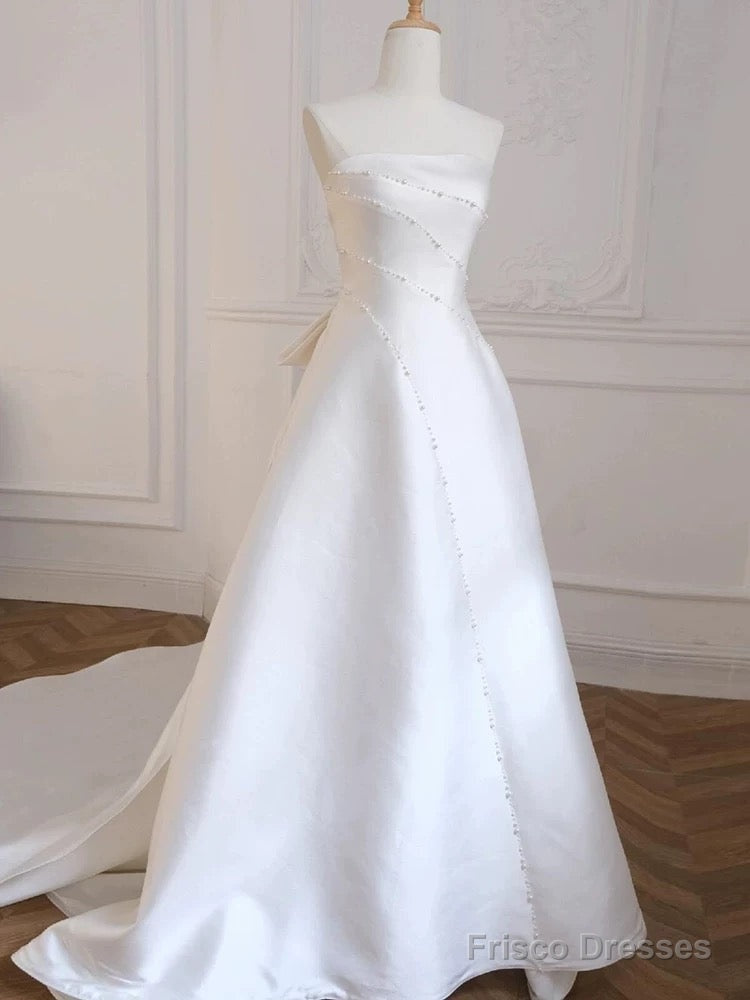 Unique Ball Gown Strapless Sleeveless Long White Satin Wedding Dresses Main image