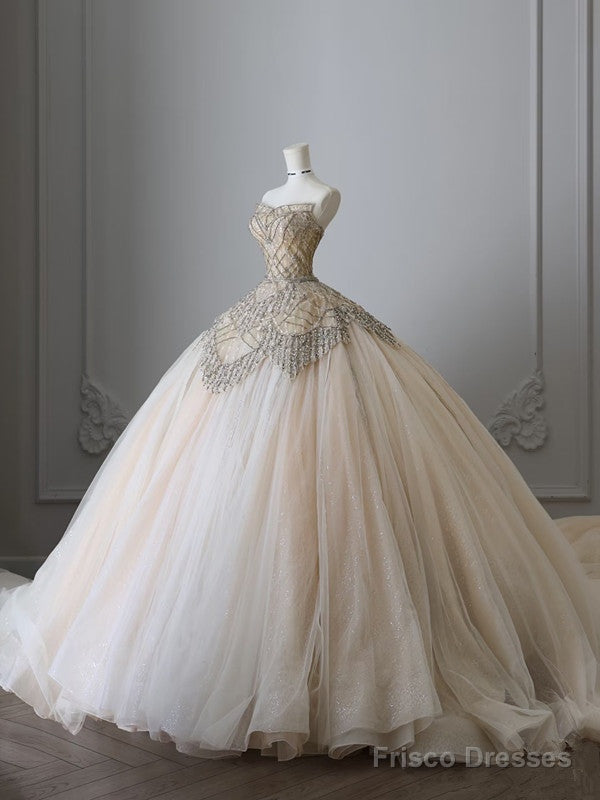 Unique Ball Gown Strapless Tulle Champagne Long Wedding Dresses Brides Dress Secondary image