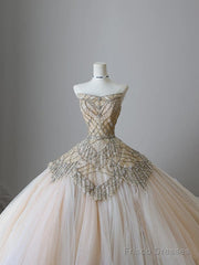 Unique Ball Gown Strapless Tulle Champagne Long Wedding Dresses Brides Dress