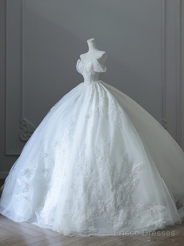 Unique Ball Gown Strapless Tulle White Long Off The Shoulder Wedding Dresses Brides Dress Secondary image