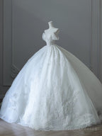 Unique Ball Gown Strapless Tulle White Long Off The Shoulder Wedding Dresses Brides Dress