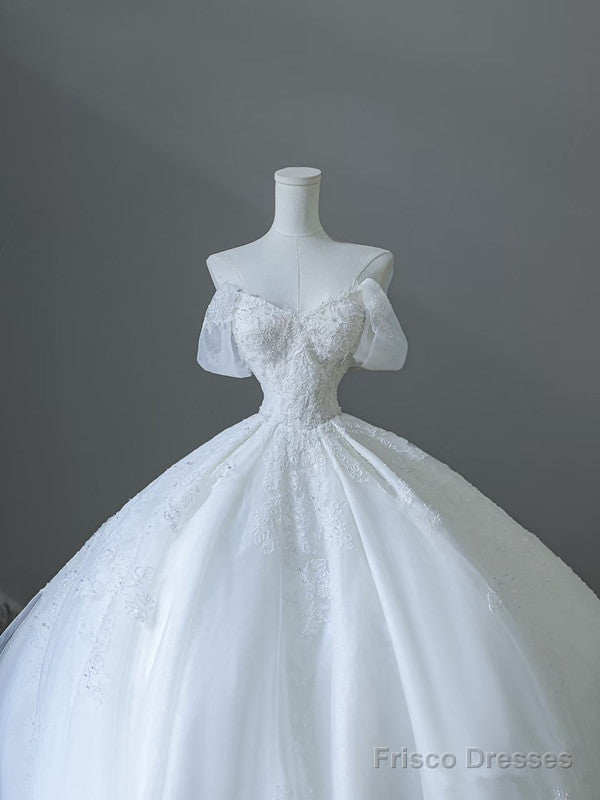 Unique Ball Gown Strapless Tulle White Long Off The Shoulder Wedding Dresses Brides Dress