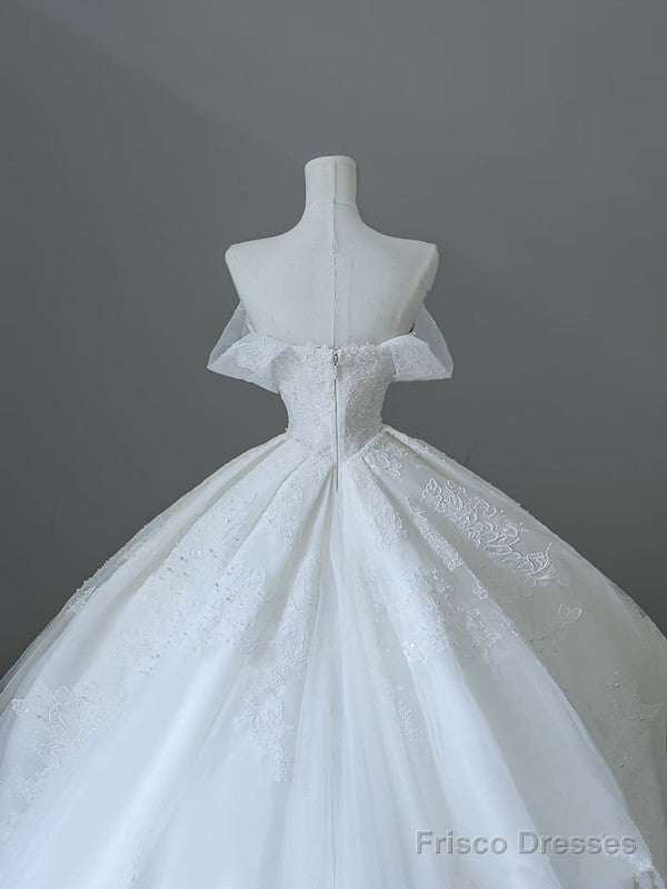 Unique Ball Gown Strapless Tulle White Long Off The Shoulder Wedding Dresses Brides Dress