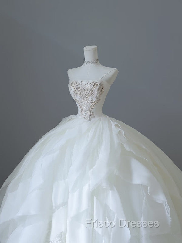 Unique Ball Gown Strapless Tulle White Long Wedding Dress Brides Dress Secondary image