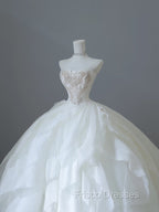 Unique Ball Gown Strapless Tulle White Long Wedding Dress Brides Dress