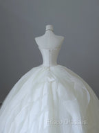 Unique Ball Gown Strapless Tulle White Long Wedding Dress Brides Dress