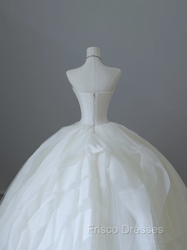 Unique Ball Gown Strapless Tulle White Long Wedding Dress Brides Dress