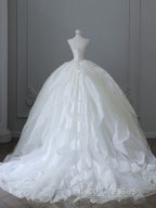 Unique Ball Gown Strapless Tulle White Long Wedding Dress Brides Dress