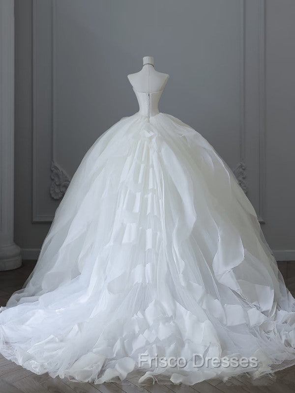 Unique Ball Gown Strapless Tulle White Long Wedding Dress Brides Dress
