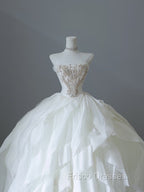 Unique Ball Gown Strapless Tulle White Long Wedding Dress Brides Dress