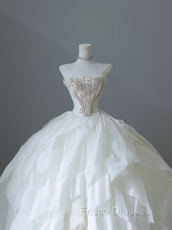 Unique Ball Gown Strapless Tulle White Long Wedding Dress Brides Dress