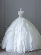 Unique Ball Gown Strapless Tulle White Long Wedding Dress Brides Dress