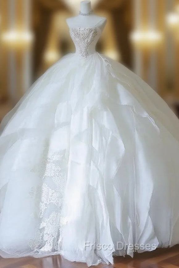 Unique Ball Gown Strapless Tulle White Long Wedding Dress Brides Dress Main image