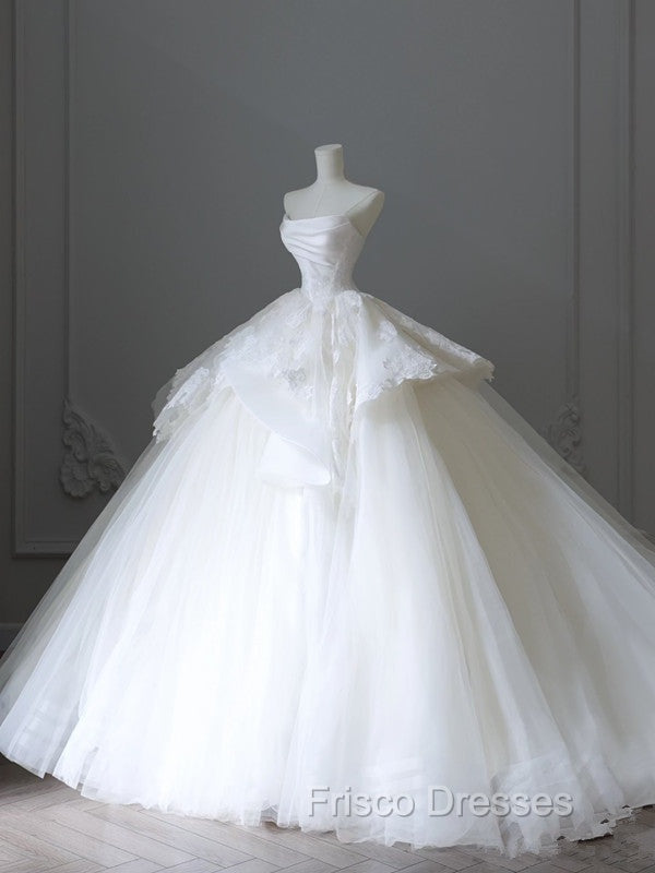 Unique Ball Gown Strapless White Lace Satin Long Wedding Dress Brides Dress Secondary image