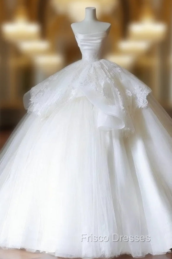 Unique Ball Gown Strapless White Lace Satin Long Wedding Dress Brides Dress Main image