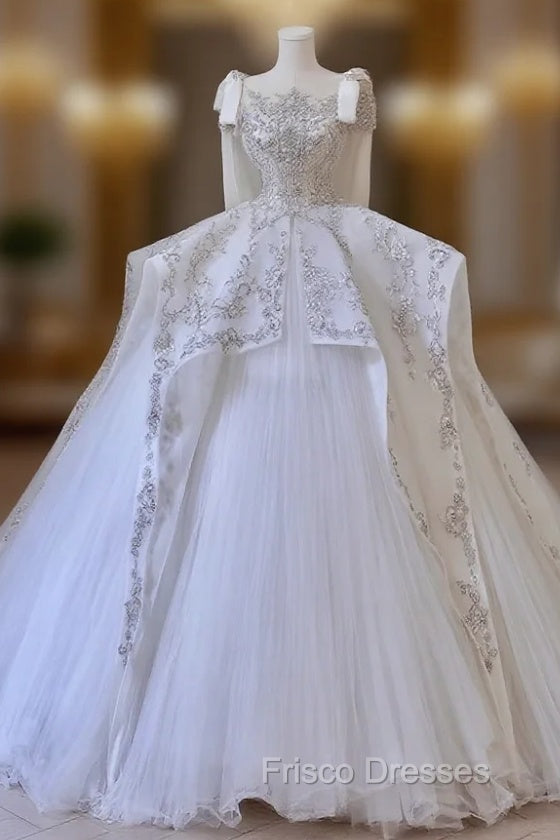 Unique Ball Gown Straps Tulle White Sequin Lace Wedding Dress Brides Dress Main image